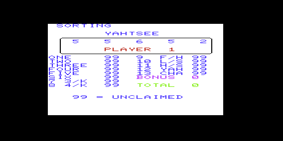 Yahtsee (VIC-20) screenshot: Starting Game