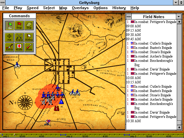 Gettysburg: Multimedia Battle Simulation (Windows 3.x) screenshot: The armies engaged