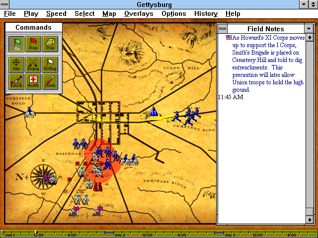 Gettysburg: Multimedia Battle Simulation (Windows 3.x) screenshot: Historic field notes can be optionally turned on