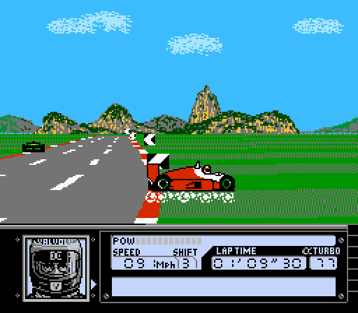 Al Unser Jr. Turbo Racing (NES) screenshot: Wiping out in Brazil