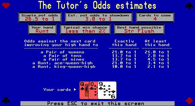 Amarillo Slim Dealer's Choice (DOS) screenshot: tutorial/odds info screen