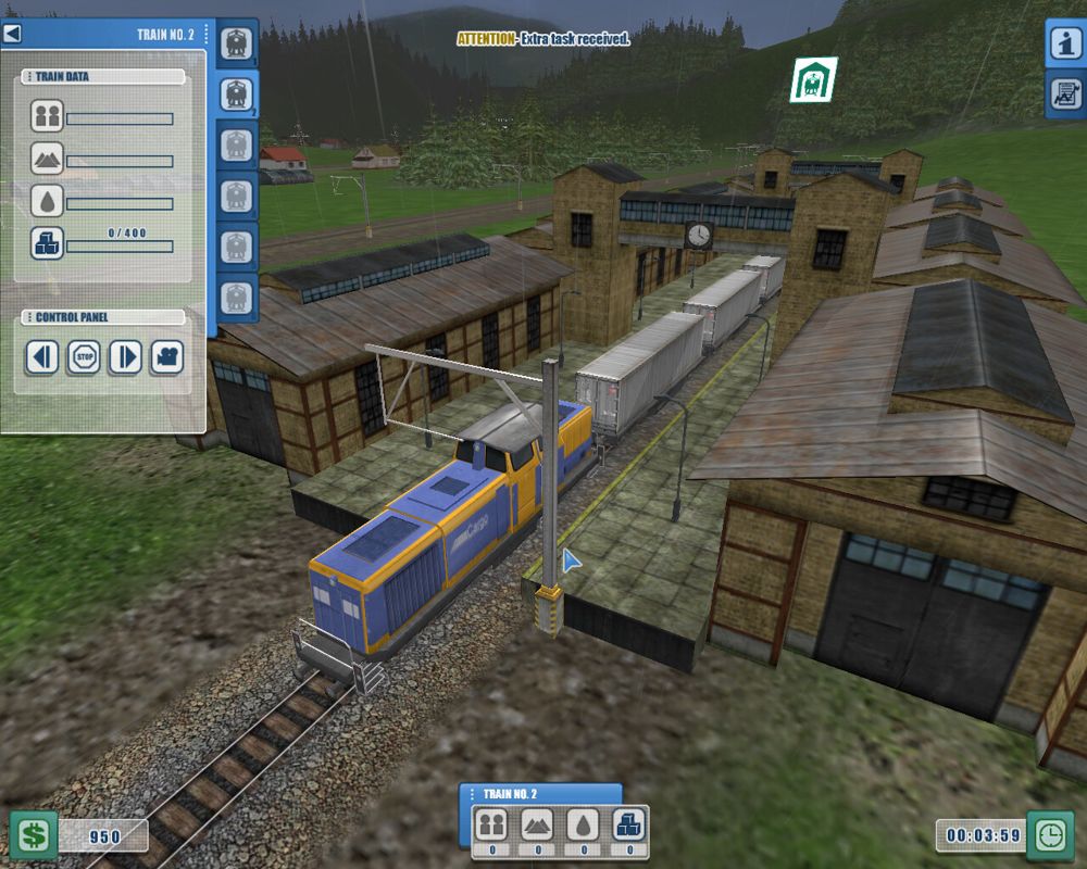 Railroad Lines (Windows) screenshot: A freight train leaving the workshop
