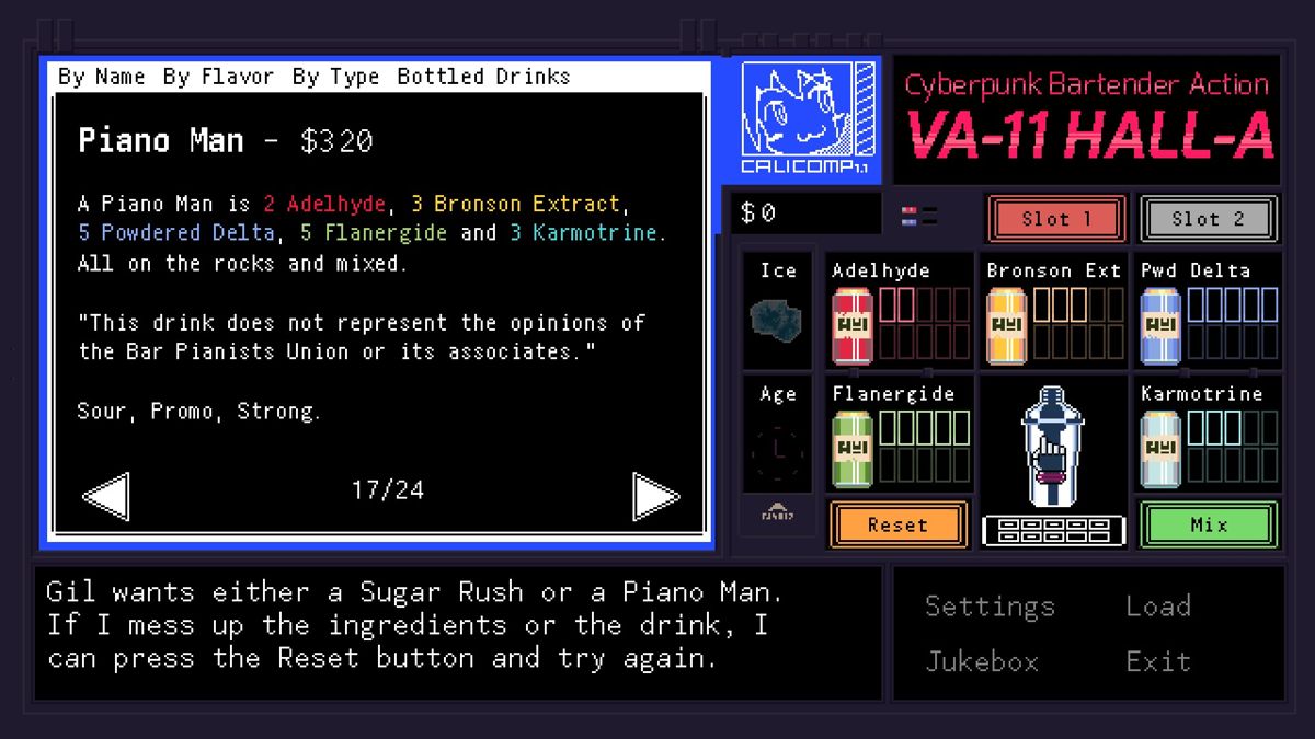 VA-11 HALL-A: Cyberpunk Bartender Action (Windows) screenshot: You have a recipe book that you can consult in case you don't remember how to make something