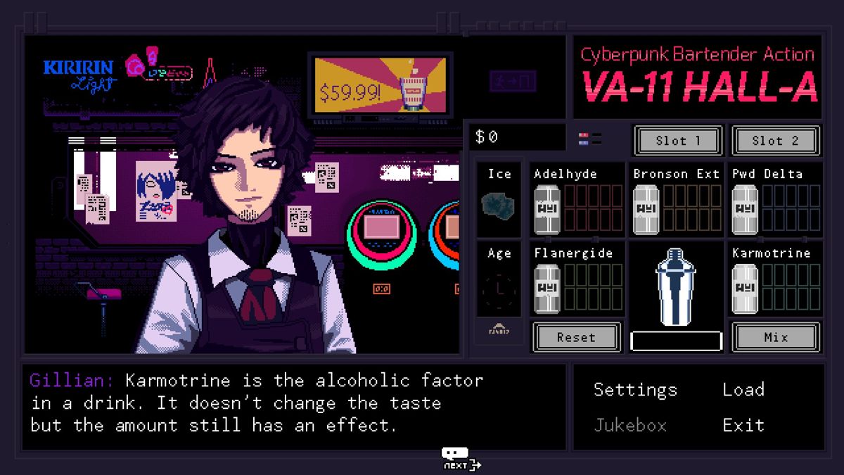 VA-11 HALL-A: Cyberpunk Bartender Action (Windows) screenshot: Remember, Karmotrine is the alcohol