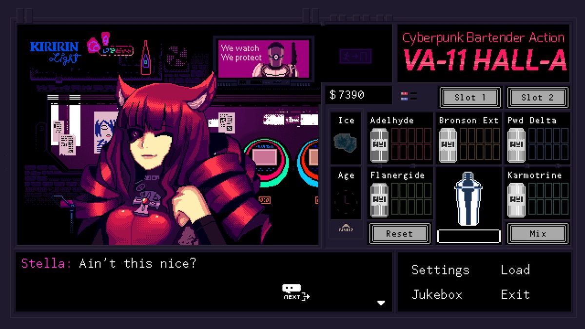 VA-11 HALL-A: Cyberpunk Bartender Action (Windows) screenshot: In this cyberpunk future, there are people who look like cats called "Cat Boomers"