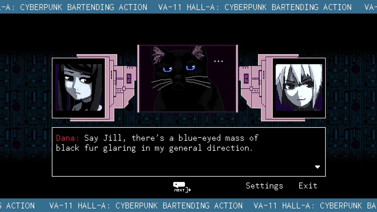 VA-11 HALL-A: Cyberpunk Bartender Action (Windows) screenshot: Jill's cat, Fore