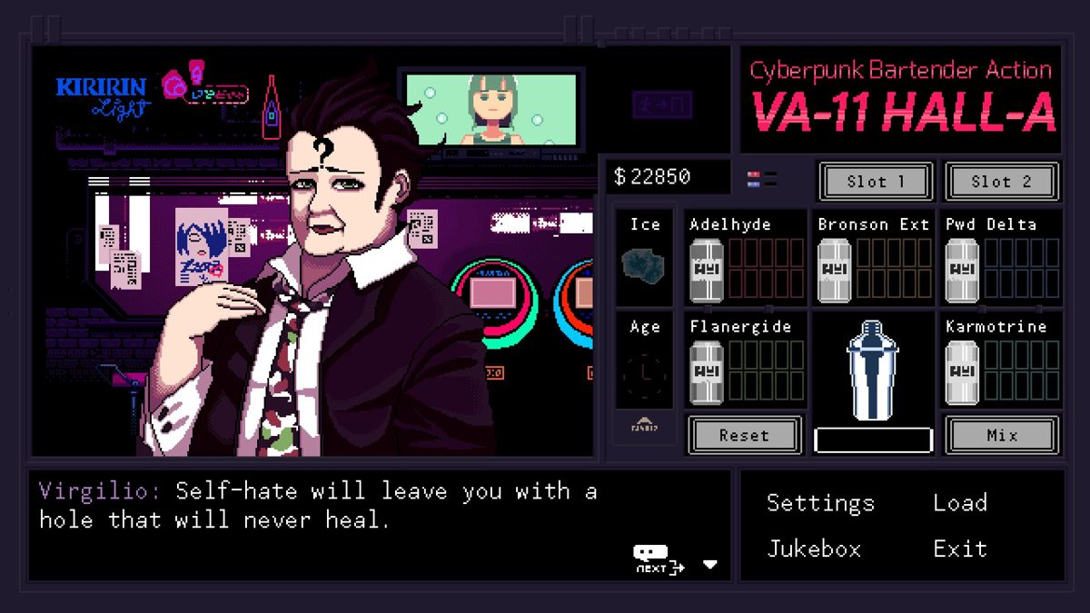 VA-11 HALL-A: Cyberpunk Bartender Action (Windows) screenshot: Profound