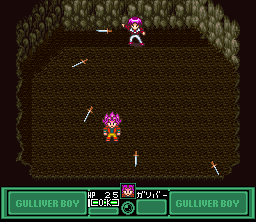 Kūsō Kagaku Sekai Gulliver Boy (SNES) screenshot: Another boss battle: beware of those knives!