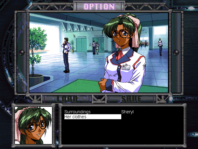 Desire (Windows) screenshot: Examining various things while talking to Sheryll in the dormitory lobby