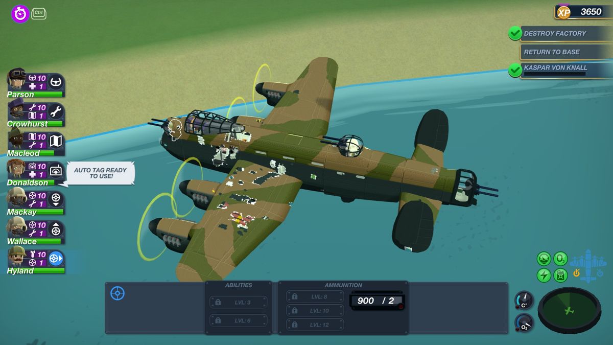 Bomber Crew (Windows) screenshot: A Lancaster limps back home from a bombing run in Germany