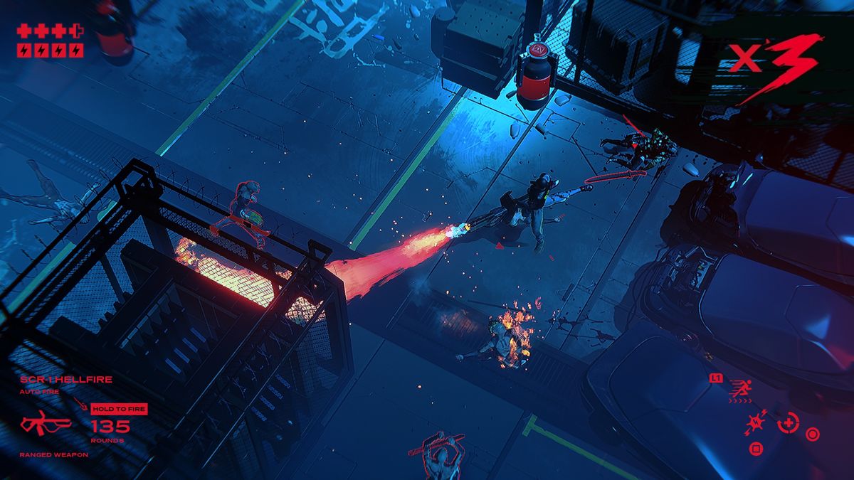 Ruiner (PlayStation 4) screenshot: Testing a flamethrower