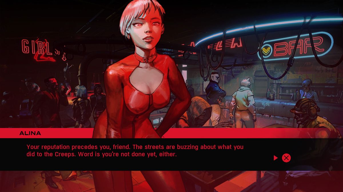 Ruiner (PlayStation 4) screenshot: Talking to Alina at the bar