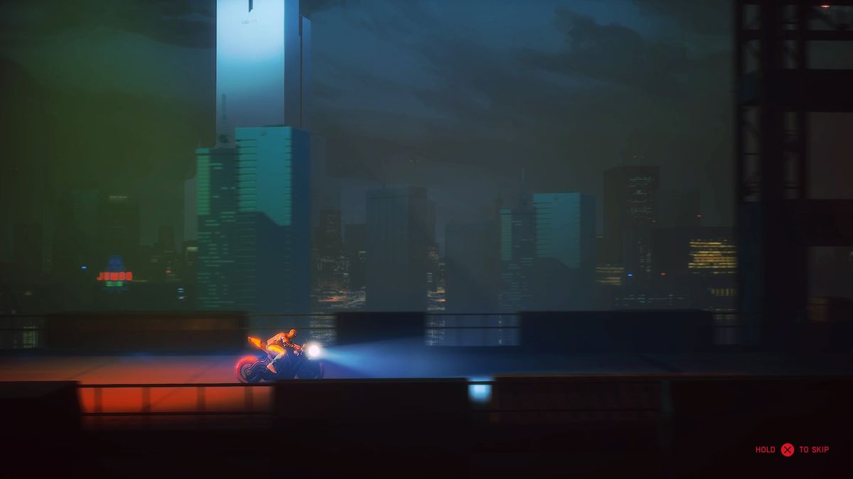 Ruiner (PlayStation 4) screenshot: Speeding on a bike to the new location outside the city