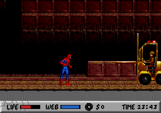 Spider-Man (Genesis) screenshot: this guy requires heavy technology to take our hero down