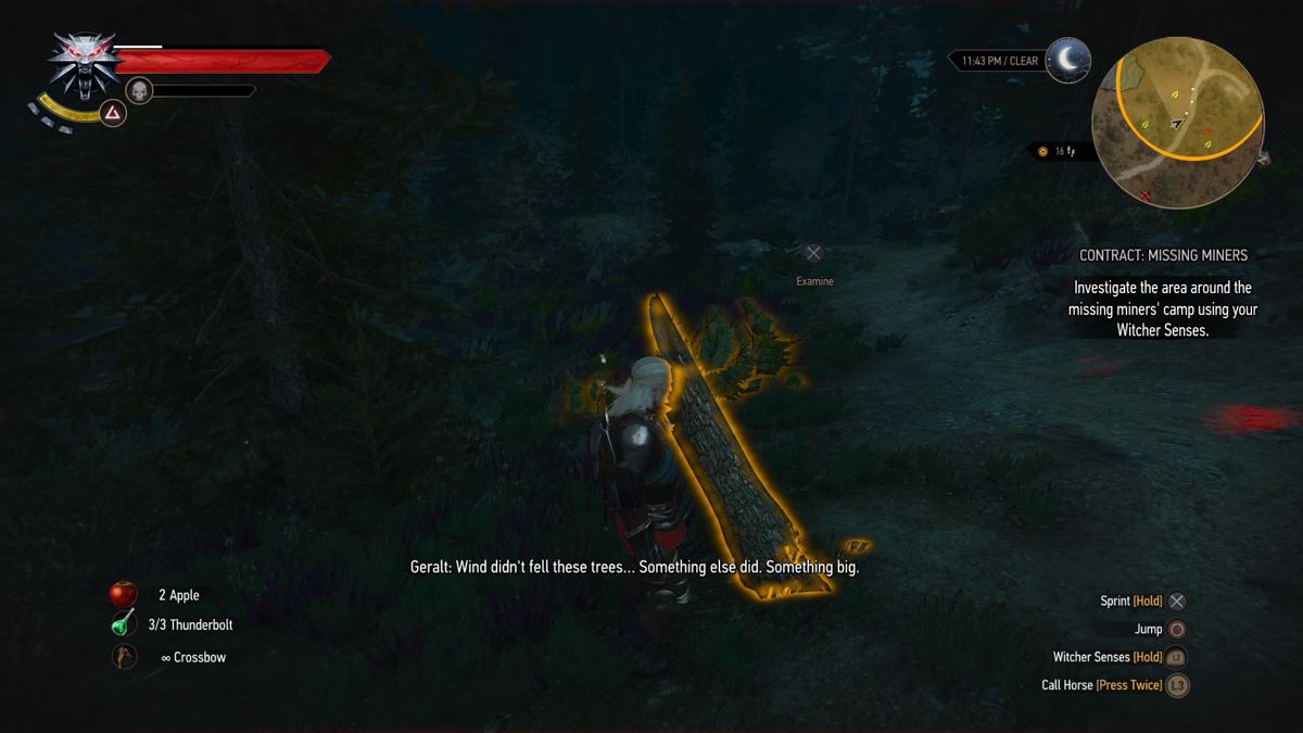 The Witcher 3: Wild Hunt - New Quest: "Contract: Missing Miners" (PlayStation 4) screenshot: Something big passed through here, breaking the trees in the process
