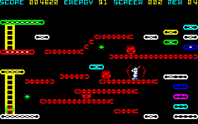 Mr. Robot and His Robot Factory (PC-88) screenshot: Picking up energizers (the green things) gives you a temporary shield and allows you to kill the enemies