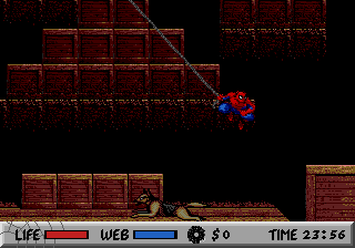 Spider-Man (Genesis) screenshot: Swinging past a dangerous dog