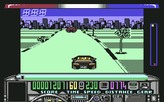 Chase H.Q. (Commodore 64) screenshot: Driving towards the suburbs