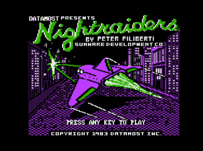 Nightraiders (Atari 8-bit) screenshot: Title screen (NTSC composite artifact colors)