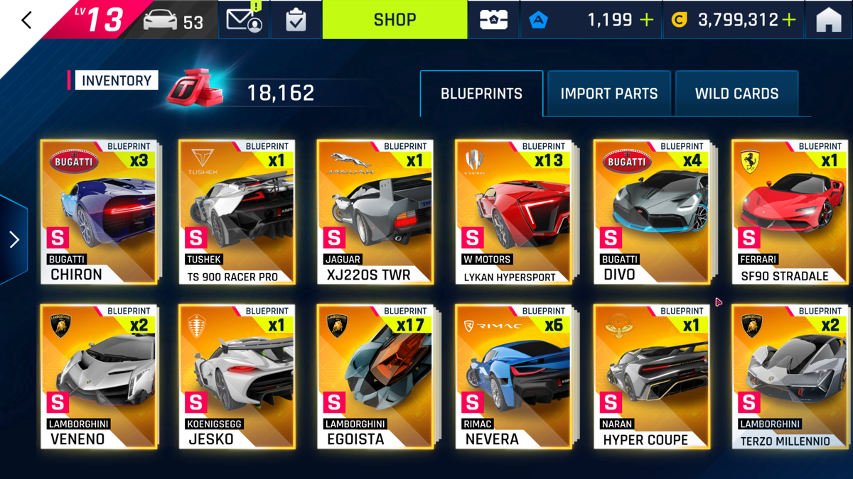 Asphalt 9: Legends (Windows Apps) screenshot: Blueprint inventory