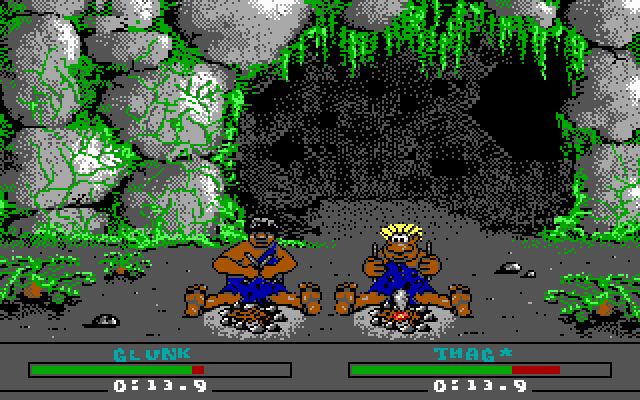 Caveman Ugh-Lympics (DOS) screenshot: firemaking - EGA