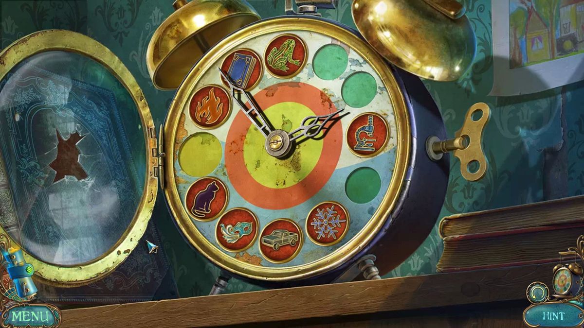 Dreamscapes 2: Nightmare's Heir (Windows) screenshot: During the game we collect medallions but they do not appear in the4 inventory and this confused me for ages until I realised that they complete Tim's alarm clock which is important as the aim of the game is to wake Tim up.