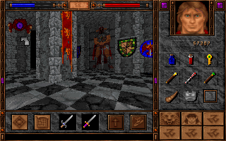 Shadowcaster (DOS) screenshot: Lavishly ornamented castle throne room. Also infested by levitating, magic-spitting Monitors.