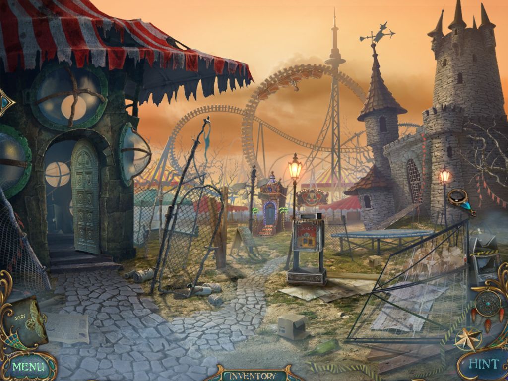 Dreamscapes: The Sandman (Windows) screenshot: Another of Laura's nightmares is set in a funfair. If you look carefully you can see her stuck upside down on the roller coaster