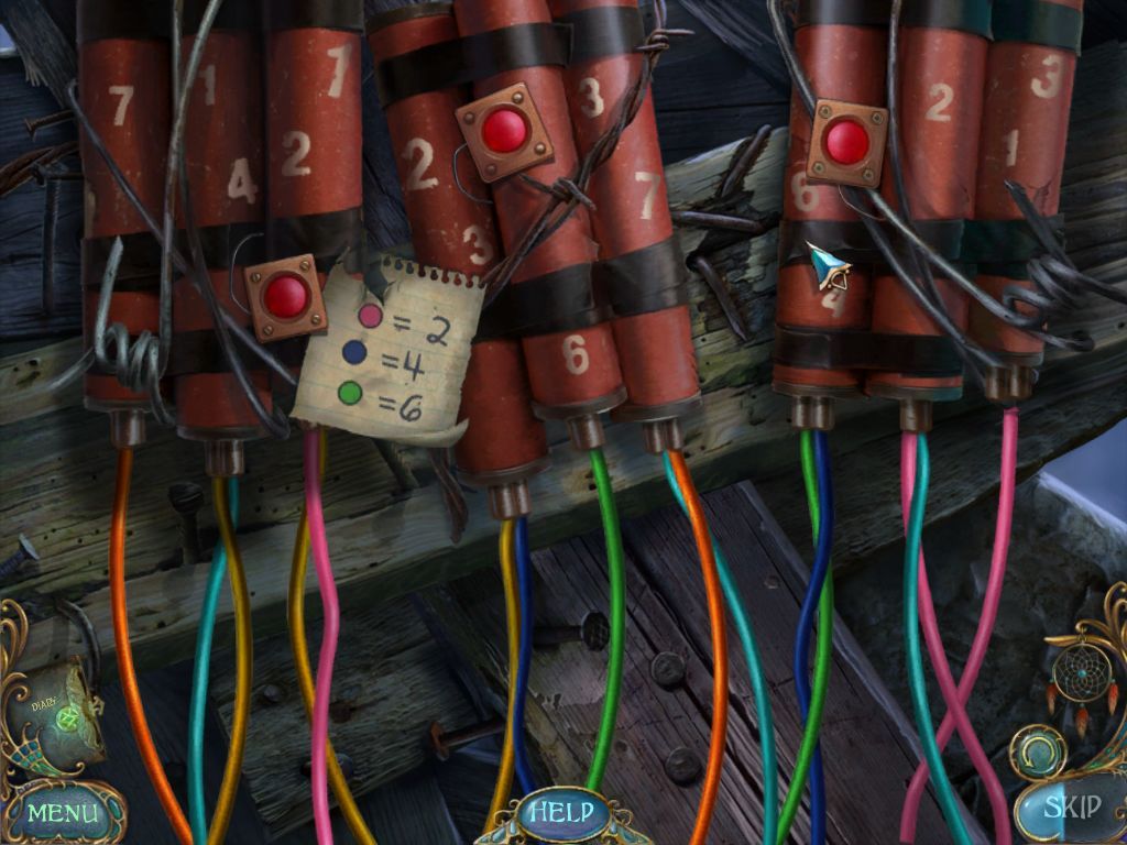 Dreamscapes: The Sandman (Windows) screenshot: The wires have to be arranged so that the colour of the wires corresponds to the numbers on the dynamite sticks