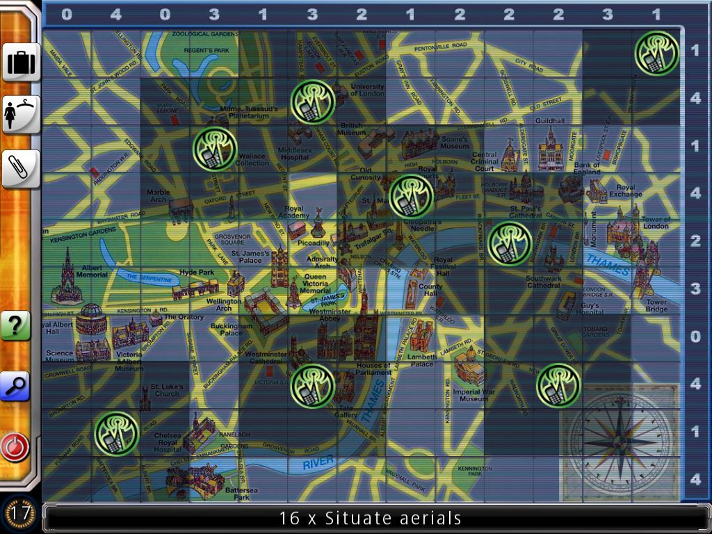 Criminal Investigation Agents: Petrodollars (Windows) screenshot: A nice puzzle. Place sixteen radio masts on the map. The numbers along the top & side show the number of masts in each column and row