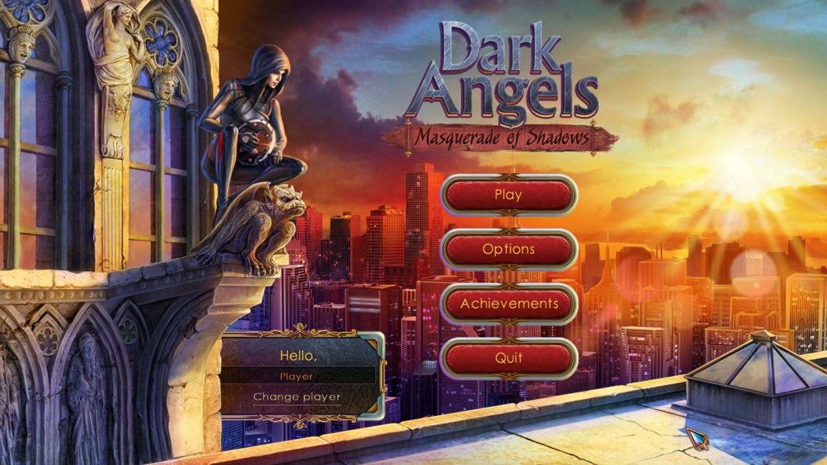 Dark Angels: Masquerade of Shadows (Windows) screenshot: The title screen and main menu. Parts of this scene are animated, for example Kate's head moves as she scans the city for baddies