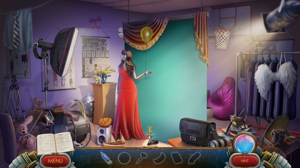 Dark Angels: Masquerade of Shadows (Windows) screenshot: A hidden object scene. In this type of scene the items are shown in silhouette and typically each item as it is found is used to find or make the next
