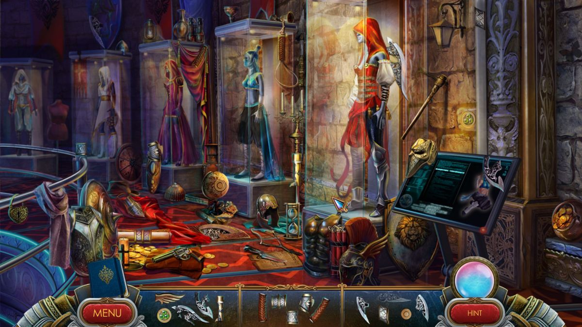 Dark Angels: Masquerade of Shadows (Windows) screenshot: In this hidden object scene pieces of three different weapons/pieces of armour have to be collected. They are automatically constructed so no assembly is required.