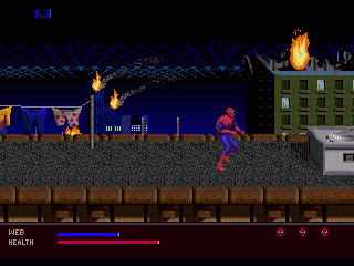 The Amazing Spider-Man: Web of Fire (SEGA 32X) screenshot: city in flames