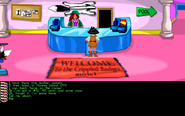 Night of the Hermit (Windows) screenshot: At the reception of "The Crippled Badger Hotel"