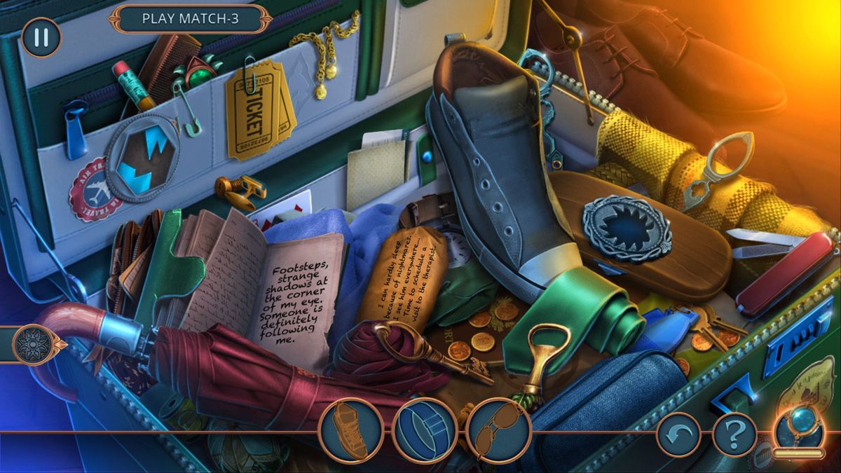 Magic City Detective: Rage Under Moon (Collector's Edition) (Windows) screenshot: An early hidden object scene. The two brown coloured items require additional actions to reveal or create while the central item is hidden in plain sight. Though many items remain to be found only three are shown at a time.