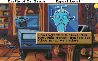 Castle of Dr. Brain (Amiga) screenshot: You need to create a program for one of the heads and one of the arms in order to retrieve three items.