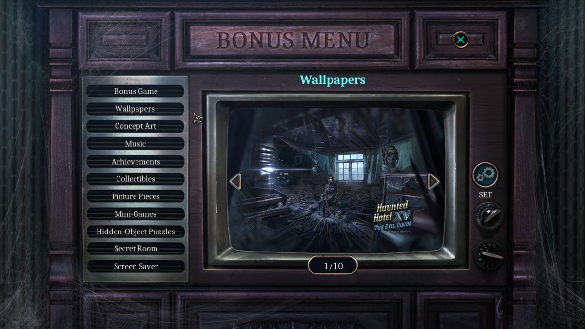 Haunted Hotel XV: The Evil Inside (Collector's Edition) (Windows) screenshot: The Bonus Content menu. The Bonus game is locked until the main game has been completed