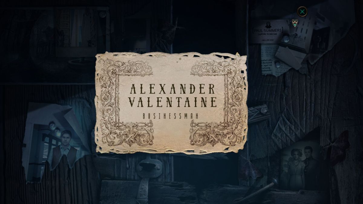 Haunted Hotel XV: The Evil Inside (Collector's Edition) (Windows) screenshot: The game's collectibles are a series of business cards. Alexander Valentine is a character in the game; he's voiced by Christopher Lowland, who appears on another business card.