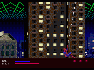 The Amazing Spider-Man: Web of Fire (SEGA 32X) screenshot: And this web is attached to what?