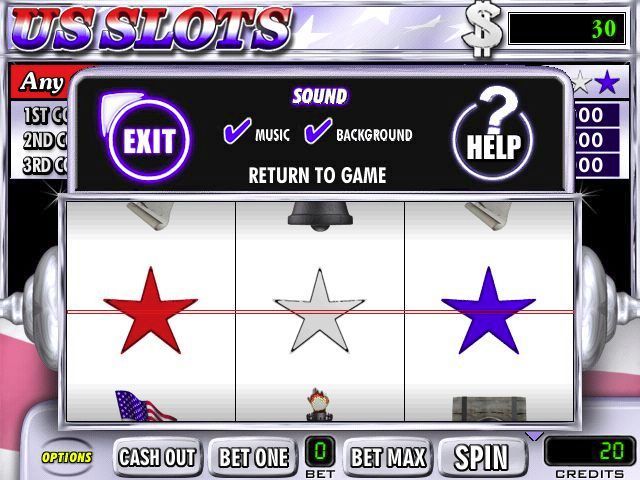 US Slots (Windows) screenshot: The OPTIONS button in the lower left allows the player to toggle sound options and access the game's help screen