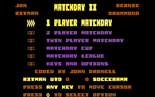 Match Day II (Commodore 64) screenshot: Main menu and game options