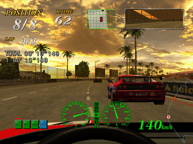 F355 Challenge: Passione Rossa (Arcade) screenshot: Sunset gameplay on Long Beach circuit