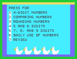 Numeration 2: At The Carnival (TI-99/4A) screenshot: These are the categories available.