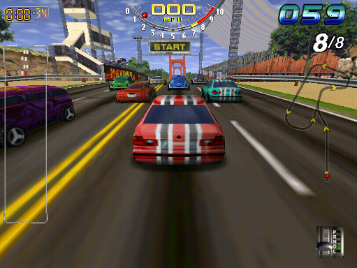 San Francisco Rush: Extreme Racing (Arcade) screenshot: Starting race approacching Golden Gate Bridge