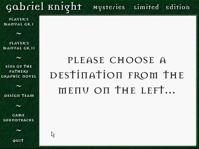 Gabriel Knight Mysteries: Limited Edition (Windows) screenshot: The main menu of the enhanced extra CD