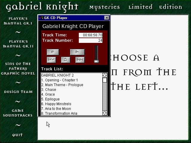 Gabriel Knight Mysteries: Limited Edition (Windows) screenshot: The soundtrack at the enhanced extra CD
