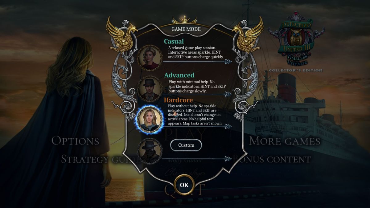 Detectives United III: Timeless Voyage (Collector's Edition) (Windows) screenshot: The Collector's Edition does not add anything new to the game's configuration options nor to the difficulty settings