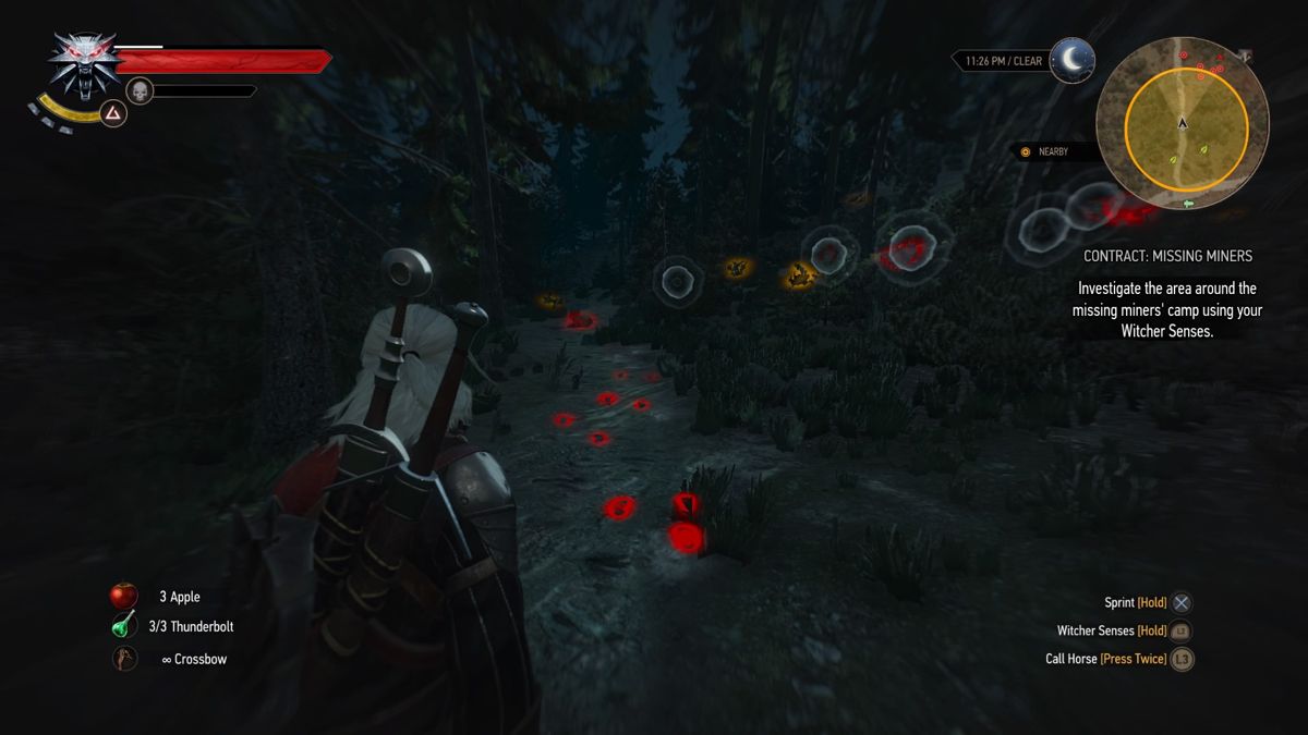 The Witcher 3: Wild Hunt - New Quest: "Contract: Missing Miners" (PlayStation 4) screenshot: The tracks lead further into the woods