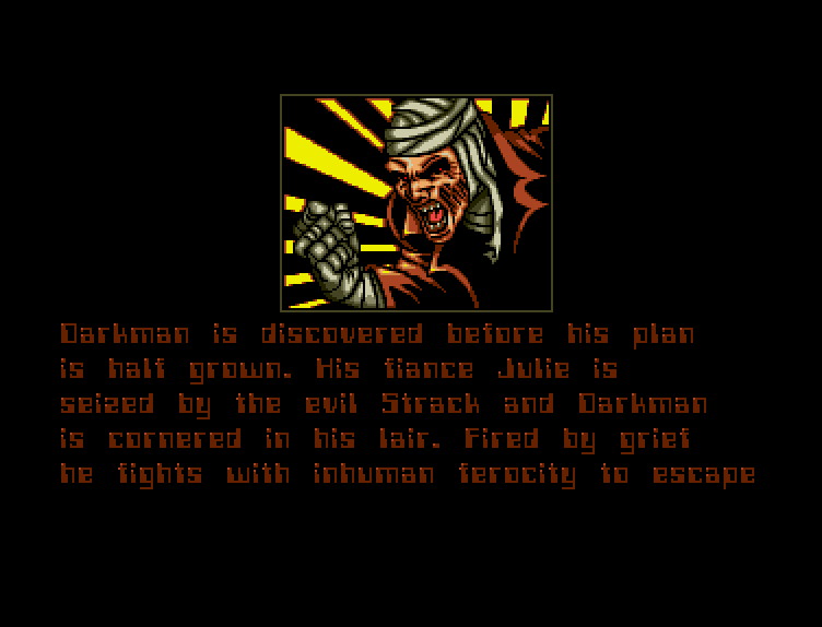 Darkman (Amiga) screenshot: The objetive in stage 2 is to escape pur lair